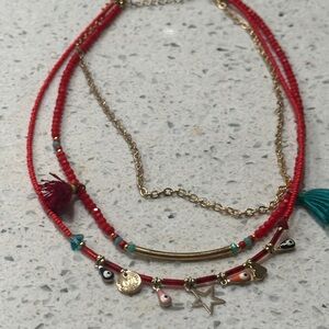 Bohemian Red and Gold Layered Necklace